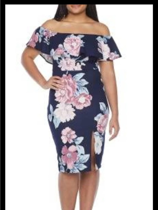 Premier Dresses & Skirts - Premier Amour - Navy off-Shoulder Floral Midi Dress with Pink Blooms